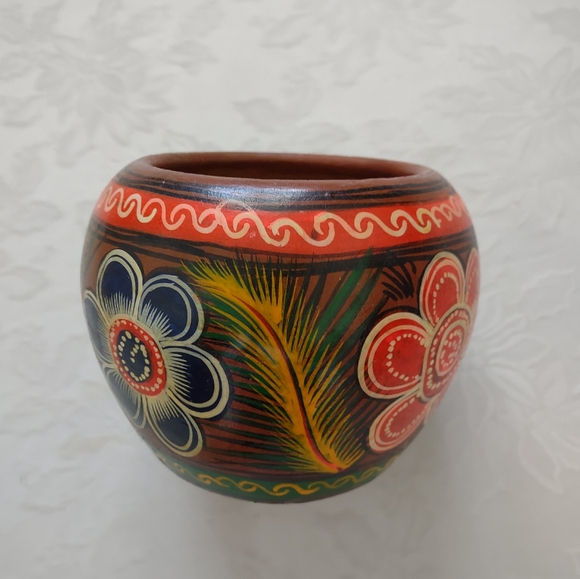 Bright multi color pottery bowl rustic southwestern boho Pot Holder Jardiniere